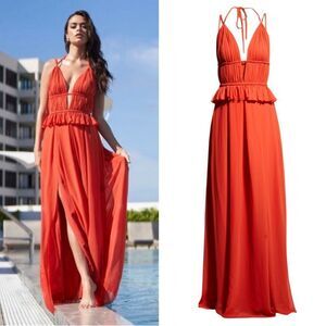 Dress The Population Athena Halter Maxi Gown Dress Poppy Orange Size Large NEW